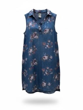 Faded Glory Blue Denim-Look Dress with Pink Floral Print